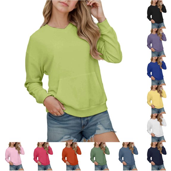 RUTAYY Girls Crewneck Sweatshirt Solid Color Plain Long Sleeve Casual Fall Pullover Tops with Front Pocket for Kids