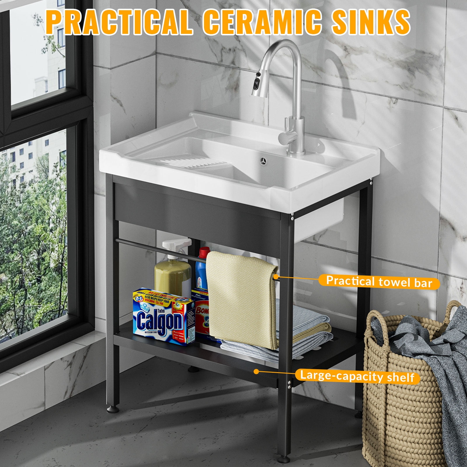 Laundry Room Sink, 26.8" × 17.7" × 34.3" Ceramic Utility Sink with Built-in Washboard, Complete Freestanding Basin with Hot & Cold Water Faucet, Water Hoses and Drain Assembly Kit, Ideal