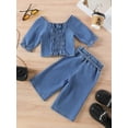 thumbnail image 3 of aturustex Denim Outfits for Little Girls 1T-6T Toddler Baby 2Pcs Off Shoulder Shirts Long Sleeve T-Shirts Dot Pattern Tops with Elastic Waisted Bow TiComfy Set Kids Spring Fall Daily Clothes, 3 of 8