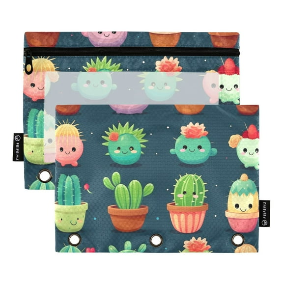 2 Pack Pencil Pouch for 3 Ring Binder Zipper Pencil Case Cute Cactus Clear Window Pencil Bag Organizers