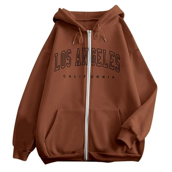 TrendOFT Zip Up Hoodies for Women Oversized Y2K Sweatshirt Long Sleeve Fashion Hoodie Jacket with Pocket Brown L