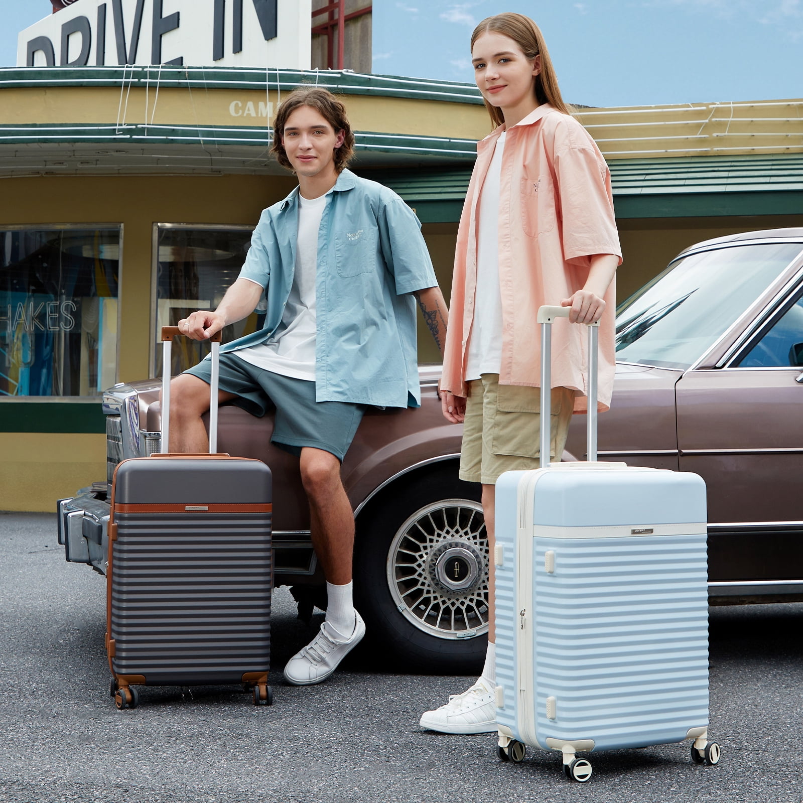 Joyway 5-Piece Luggage Set ABS Hardshell Spinner Suitcase with TSA Lock（Expandable 20"and 24" Carry-On）28"Checked Luggage- Blue