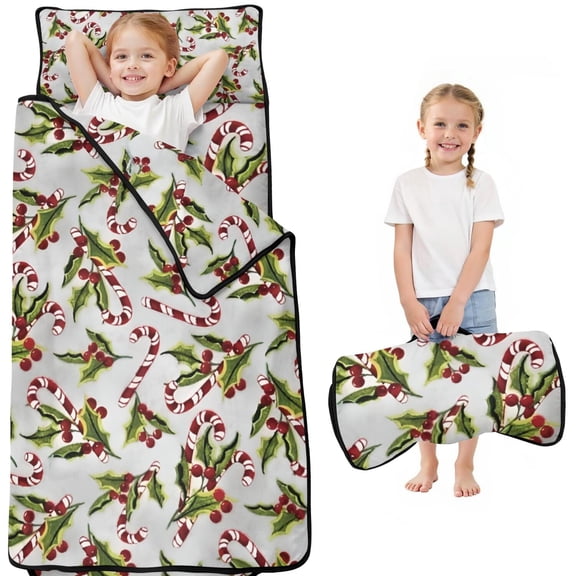 White Christmas Candy Cane Pattern Toddler Nap Mats for Kids Preschool,50"x20" Sleeping Mat Bag or Kids,Toddler Sleeping Bag,Toddler Nap Mat or Daycare
