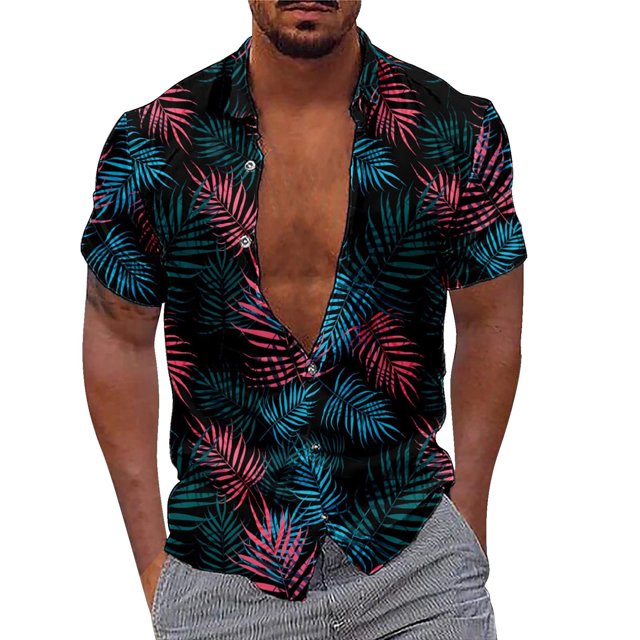 Camisas Para Hombre Manga Larga Regular Fit Camisa de manga corta creativa suelta informal con estampado digital 3d de flores y hierba de moda de verano (Pink, 3XL)