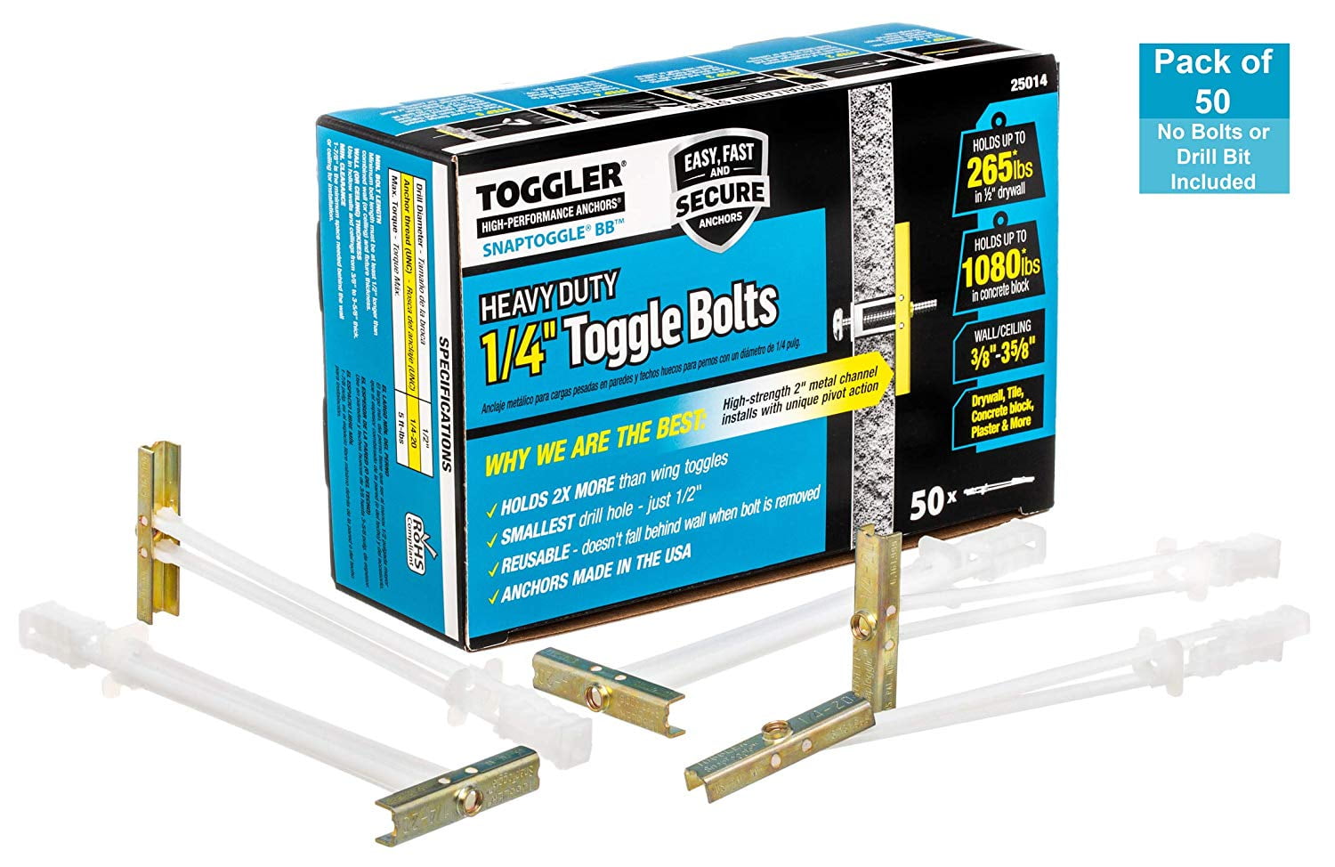 1/4 x 20-In. 24014 Snaptoggle Toggle Bolts 100-Pk. Hollow Wall 