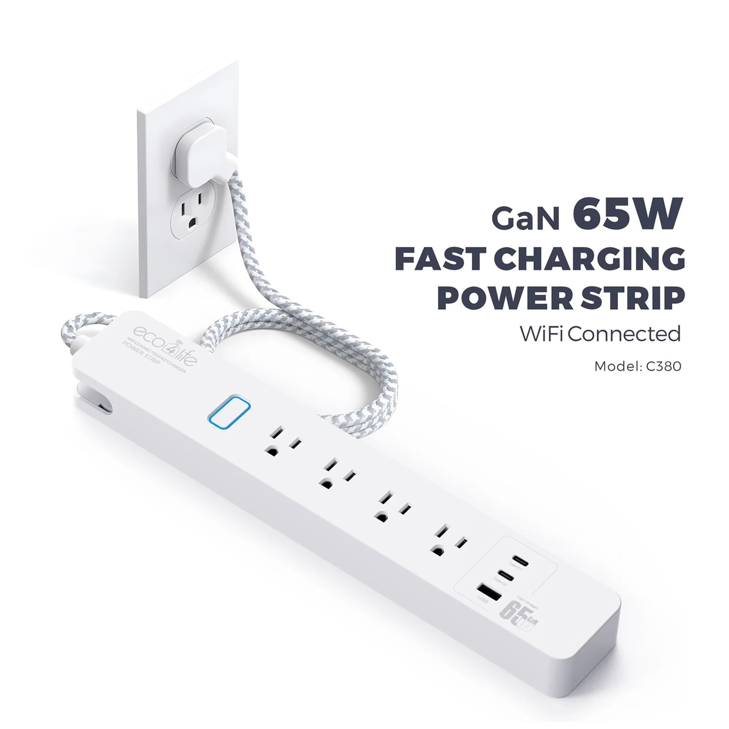 eco4life Smart Wi-Fi Surge Protector Power Strip with 65-Watt GaN Fast Charging, 4 AC Outlets, 2 USB-C Ports, and 1 USB-A Port, 6-Ft. Cord, C380N