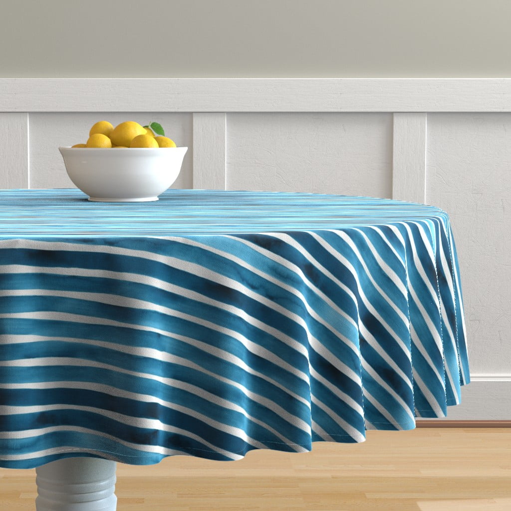 Round Tablecloth Water Blue Teal Leaves Watercolor Cotton Sateen 
