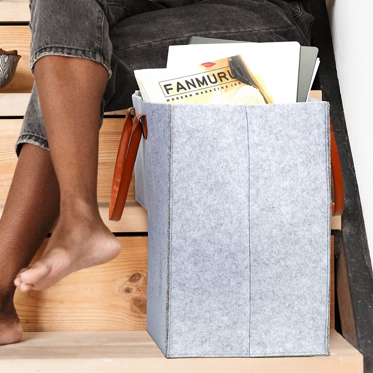 IXTIX Stair Basket with Leather Handles Felt LShape Large Capacity