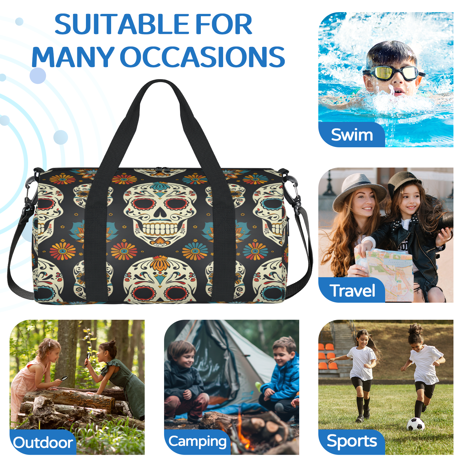 Herdesigns Sugar Skull Travel Duffle Bag Sports Yoga Weekender Overnight Carry on Workout Bags Lightweight Waterproof Gym Tote Bag for Women Goth Skeleton