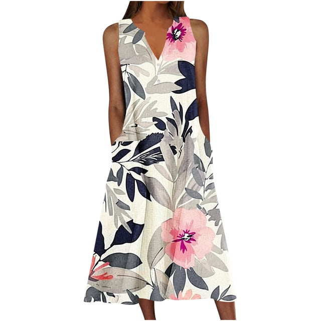 VEKDONE Robe d'Été Décontractée pour Femme, Dégradé, Sans Manches, Col en V, Longue Robe d'Été Multicolore XXXXXL