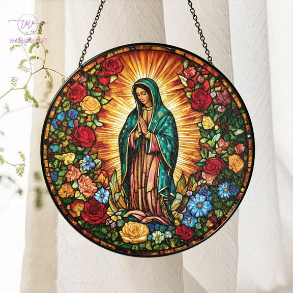 Mexican Mom Stained Glass Suncatcher, Lady Of Guadalupe Gemstone Flower Window Hanging Decor, Latina Mexican Sun Catcher, Gift for Mom 1893383285 7085