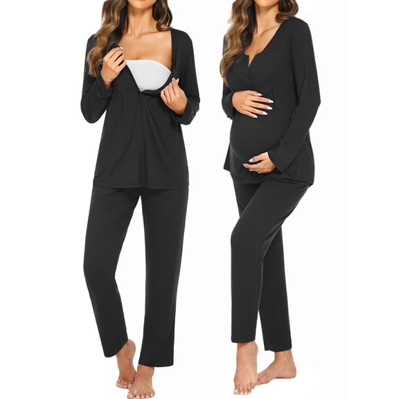 KISSGAL Maternity Nursing Pajamas Set Labor Delivery Breastfeeding Sleepwear Long Sleeve Top and Long Pants Pjs Pregnancy Sleepwear