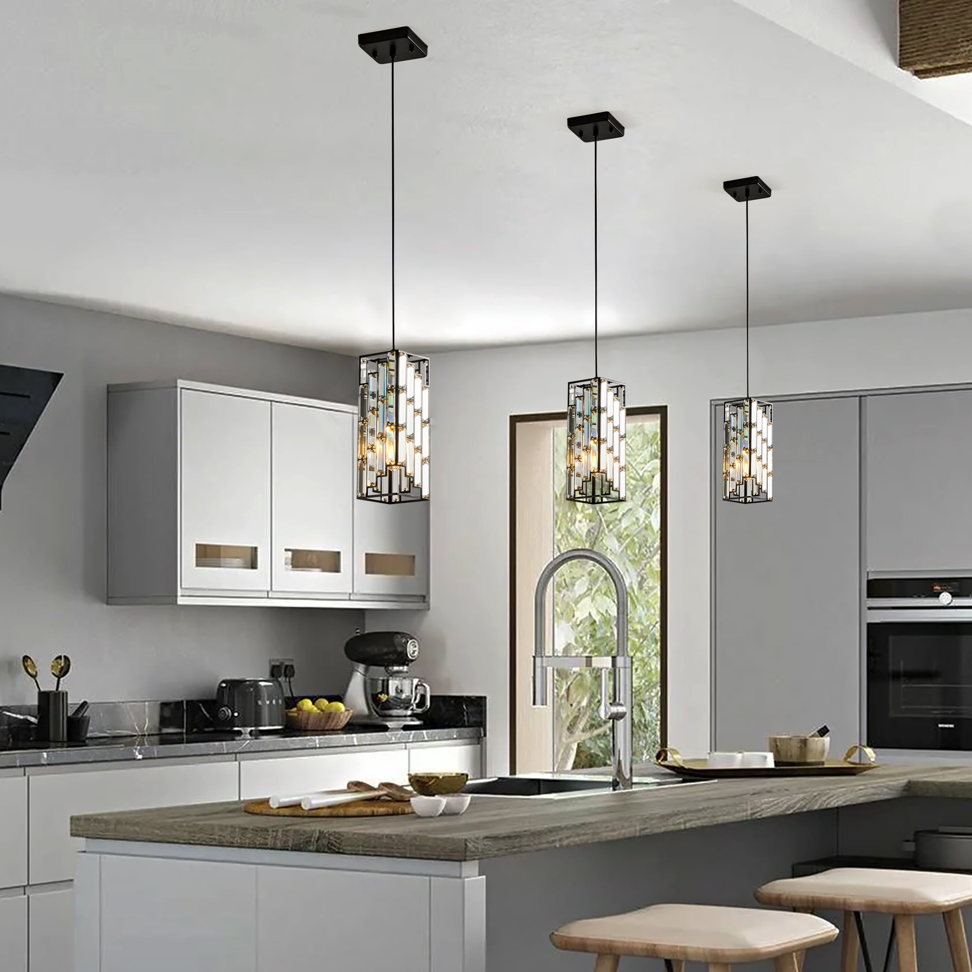 Miniyam Modern Crystal Pendant Light, 3-Pack Adjustable Hanging Ceiling Lamp for Dining Room, Black