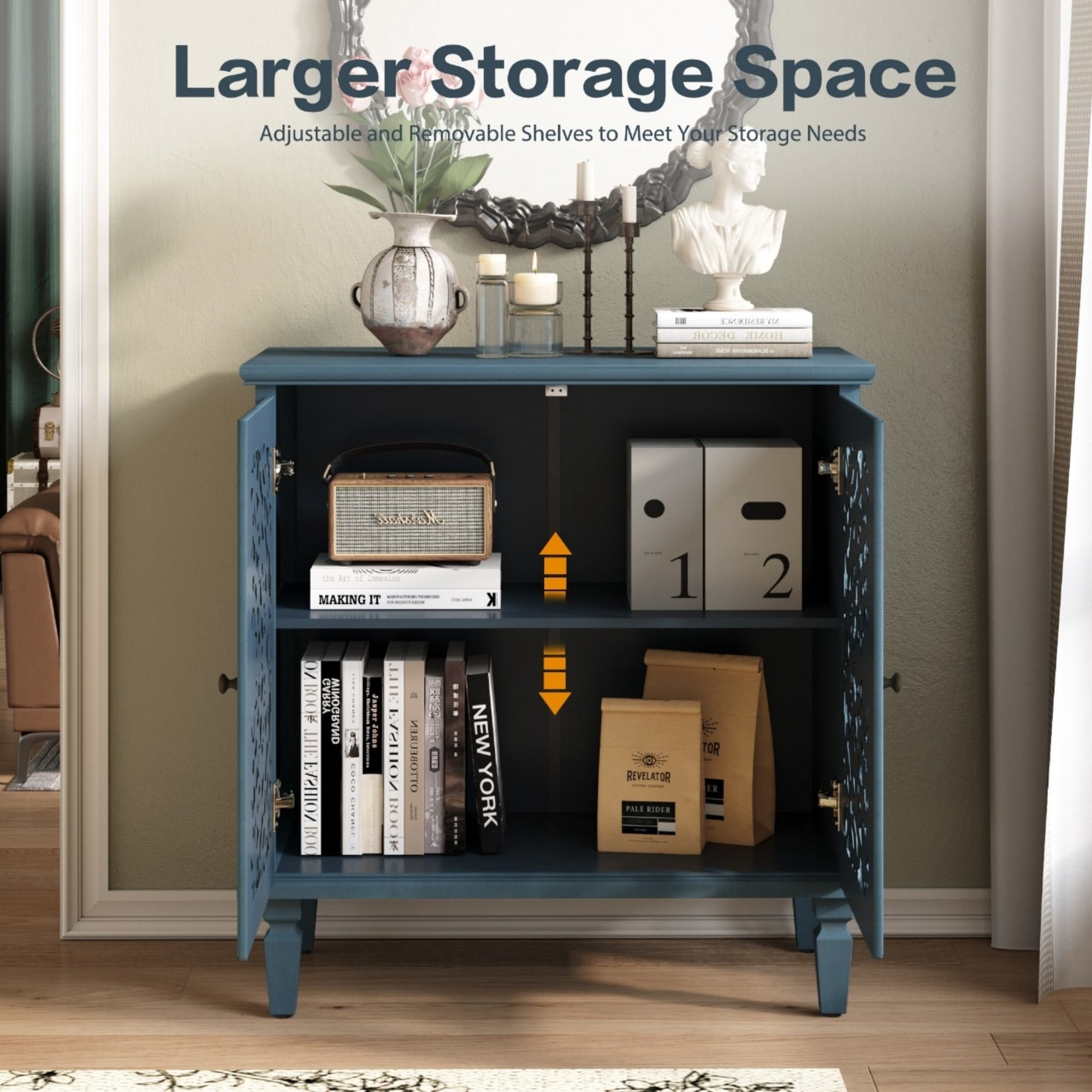 Vintage Accent Cabinet with Floral Carved Doors, 2 Door Sideboard Storage Cabinet with Adjustable Shelf, Antique Blue