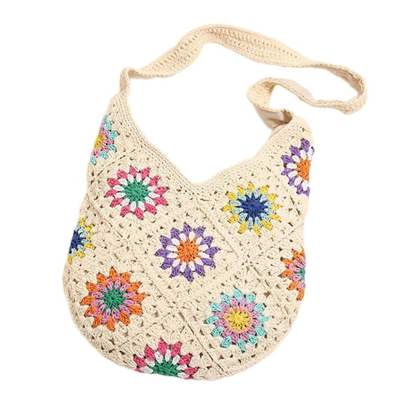 BIBABLYKE Women Knitted Handbags,Boho Hollow Woven Shoulder Bags,Crochet Mesh Tote Bag, Beach Bag ,Flowers Crossbody Bag for Holiday, Daily Work, Shopping, Travel