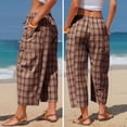 thumbnail image 4 of Plaid Barrel Pants for Women Summer 2026 Casual Loose Wide Leg Lounge Trousers Striped Capri with Pockets Light Brown L, 4 of 7