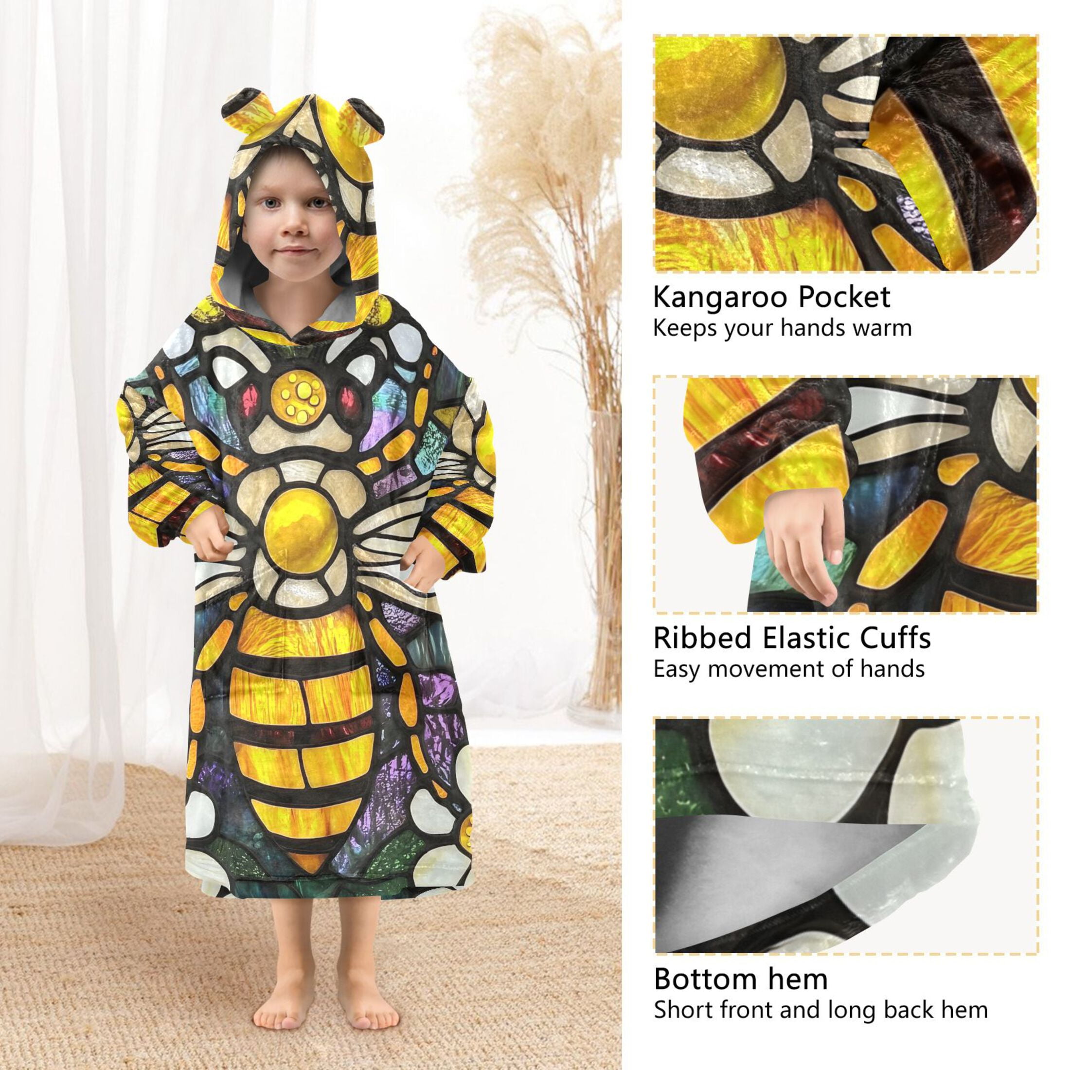 joogoo Wearable Blanket Hoodie Bee in Bohemia Floral-1 for Flannel Sherpa Pocket 3-14 YR L