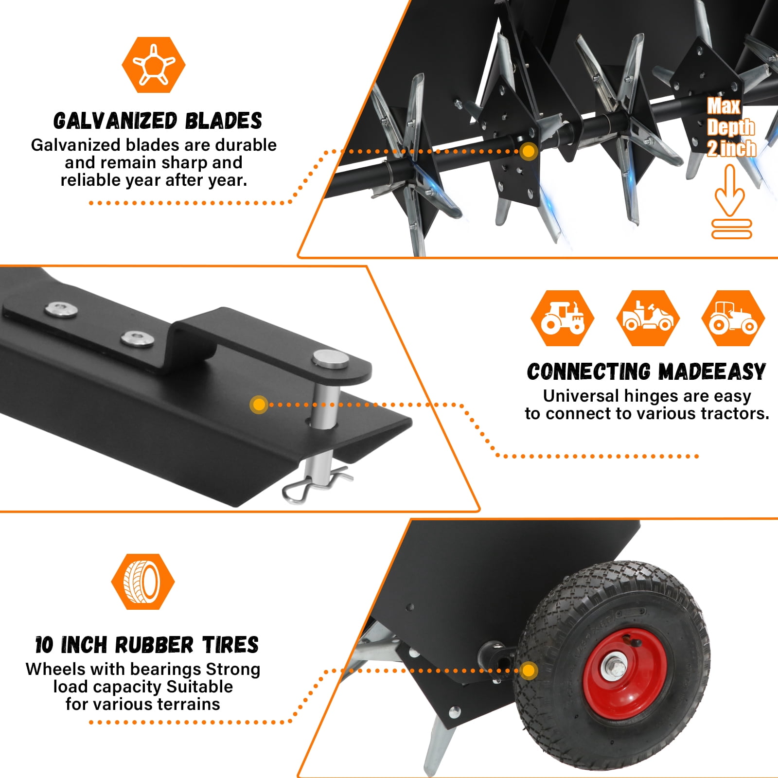 48-Inch Tow Behind Lawn Plug Aerator with Universal Hitch, 30 Galvanized Steel Tines, Weight Tray & Inflatable Wheels for Gardens, Lawns, Farms