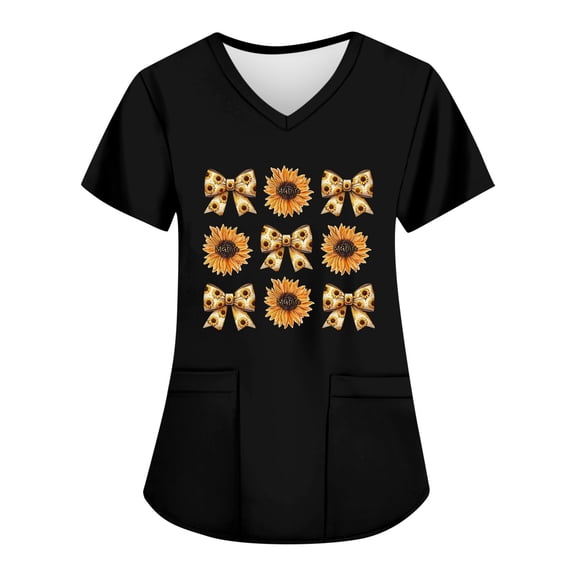 HAVUITYY Printed Scrubs for Women, Sunflower Pattern Short Sleeve Stretch Scrub Tops, Plus Size Fashion V-Neck Work Uniform with Pockets
