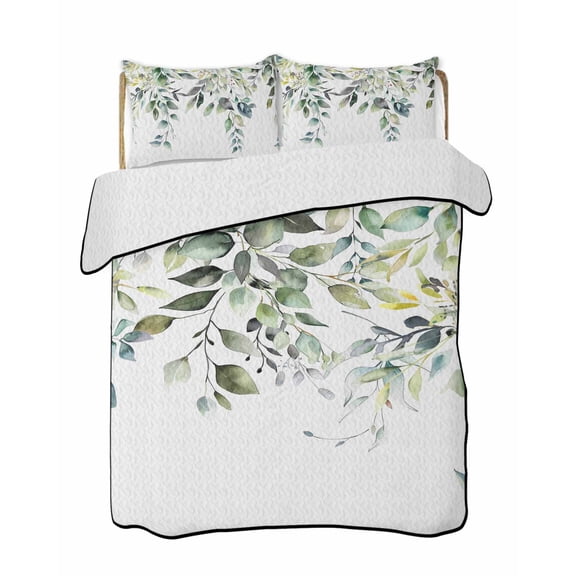 Eucalyptus Leaves Summer Quilt Set King Size, Soft Microfiber Quilted Bedding Set with 2 Pillow Shams, Watercolor Weeping Teal Botanical Lightweight All Season Bedspread Coverlet for Bedroom 96"x106"