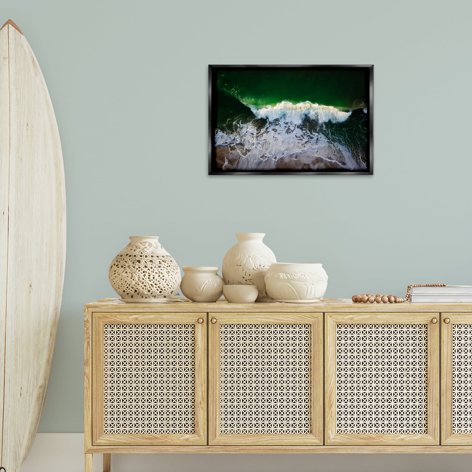 Stupell Industries Deep Green Wave Splash Nautical & Beach Photography Black Floater Framed Canvas Art Print Wall Art, 25 x 17