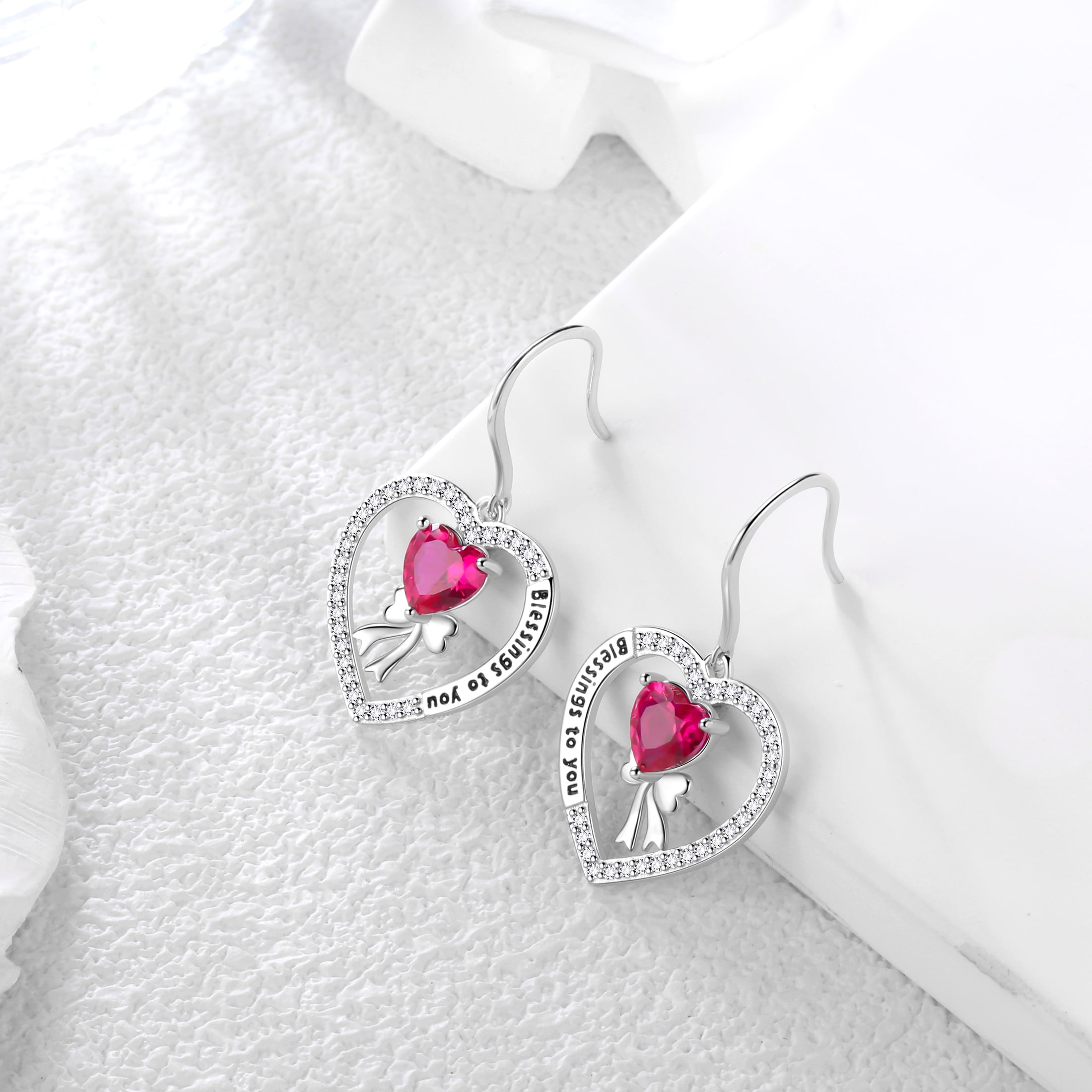 Fasjewly 925 Sterling Silver Heart Birthstone Hook Earrings, Bow Knot Crystal Dangle Christmas Birthday Anniversary Jewelry Gift for Women Mom