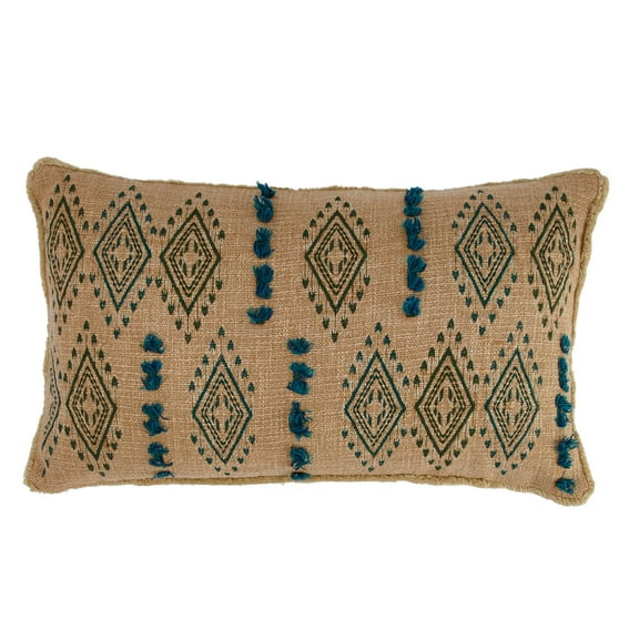 Creative Co-Op Cotton Lumbar Pillow with Tufted Embroidered Design and Fringe, Multicolor