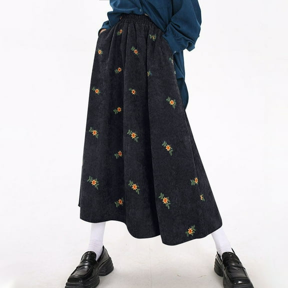 Karight Women’s Corduroy Long Skirt Spring Fall Embroidery Floral A-Line Skirt Vintage Elastic High Waist Ruffle Maxi Skirt