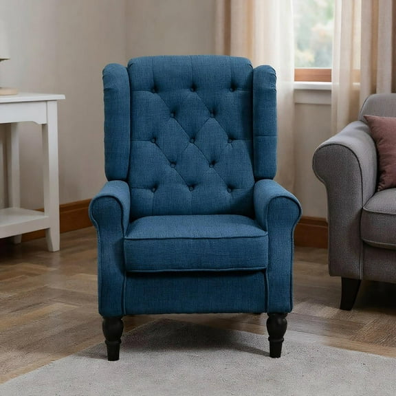 Resenkos Button-Tufted Accent Chair with High Wingback, Rounded Cushioned Armrests and Thick Padded Seat, Set of 2, 4 Chic Wood Legs, Blue