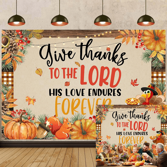 7x5FT Thanksgiving Fall Pumpkin Backdrop ‘Give Thanks to the Lord, His Love Endures Forever’ Banner Supplies Autumn Maple Leaf Photography Background Thanksgiving Harvest Party Decorations