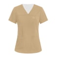 thumbnail image 2 of Iaqnaocc Scrub Tops Women Funny Solid Color Nurse Uniforms Trendy V-Neck Side Slits Scrub Shirt Party Short Sleeve Medical Workwear with 3 Pockets Khaki S, 2 of 4