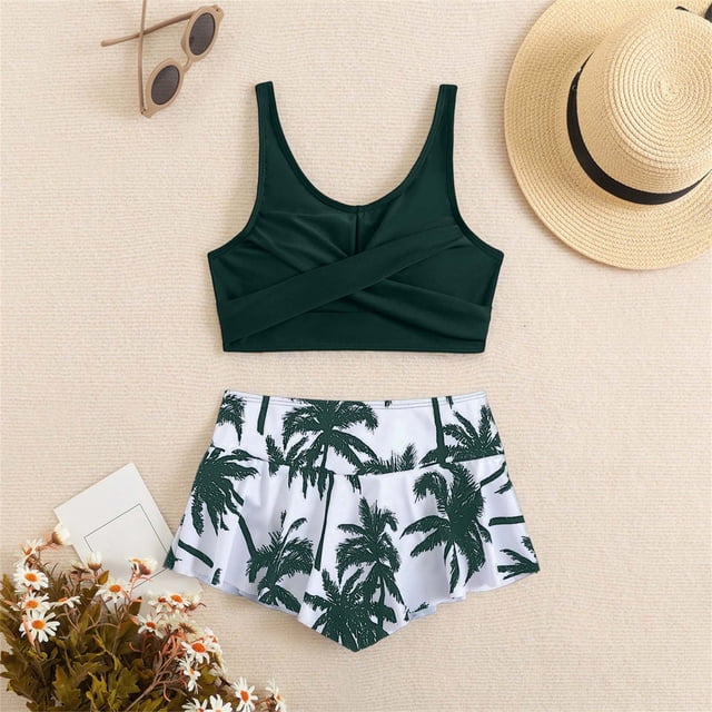Girls 2 Piece Swimsuits High Waist Bikini Set with Ruffle Top and Swim Shorts Girls Bathing Suit