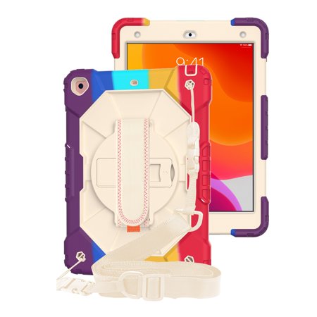 iPad 10.2 Shockproof Case, Dteck Heavy Duty Rugged 3 Layer Full Body Protection Case with Rotatable Hand Strap Kickstand / Shoulder Belt For 10.2" iPad 9th Gen/8th Gen/7th Gen,Rainbow Red