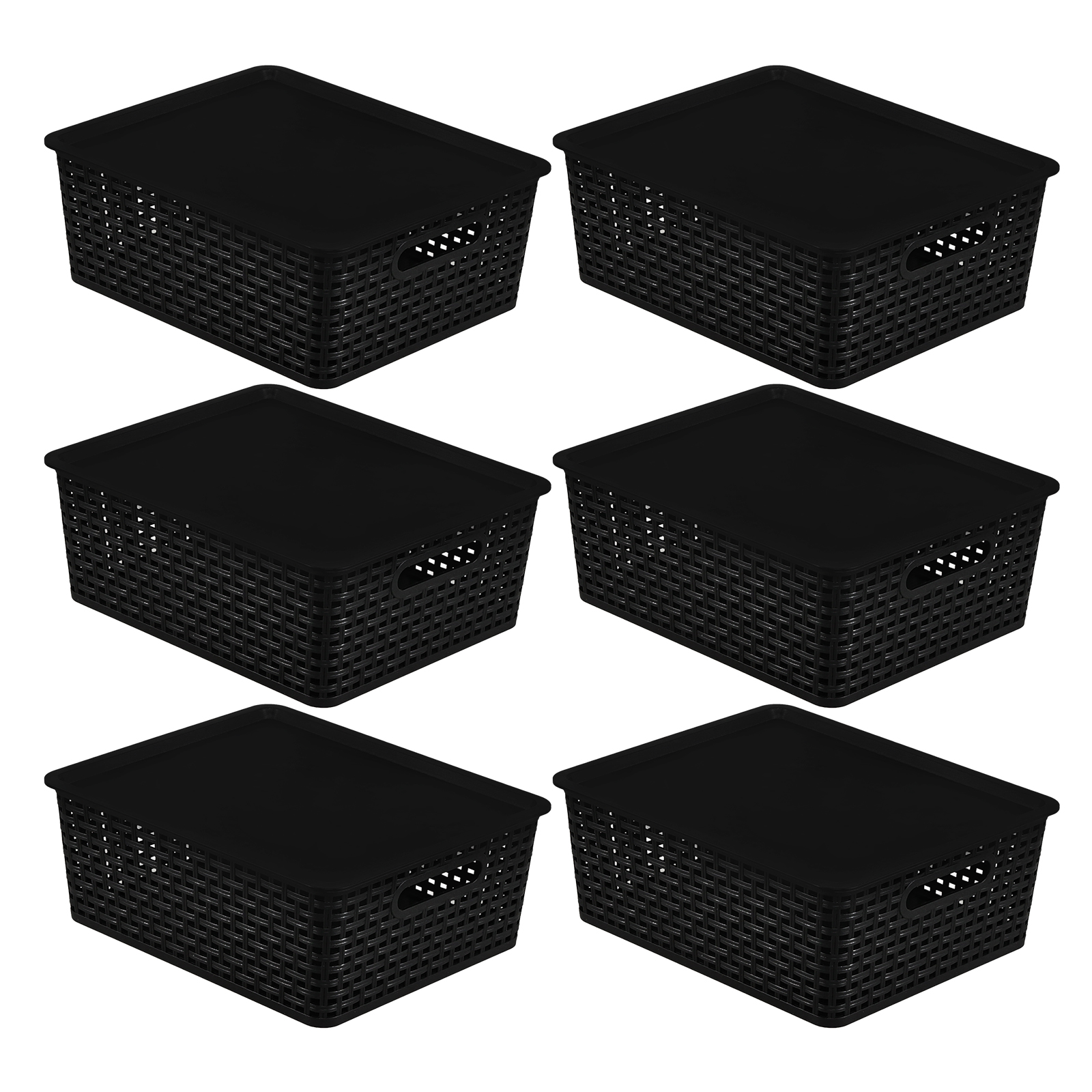 Idotry 6 Pack Large Stackable Storage Baskets with Lids, Plastic Lidded Storage Basket Bins for Shelves Closet Bathroom, 13.86"x 11.42"x 5.24", Black