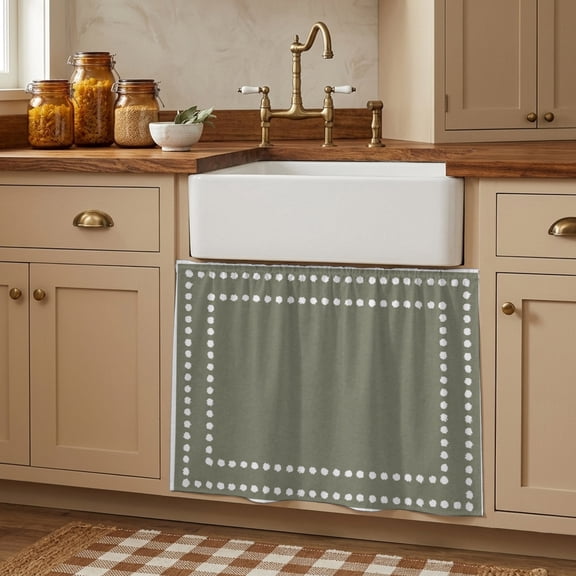 Sage Green Solid Color Small Cabinet Curtains 11"W x 13"L, Modern Dotted Borders Minimalist Sink Skirt Dust-Proof Short Curtain for Bathroom Vanity Storage Cubby Desk, Self Adhesive Privacy Drapes