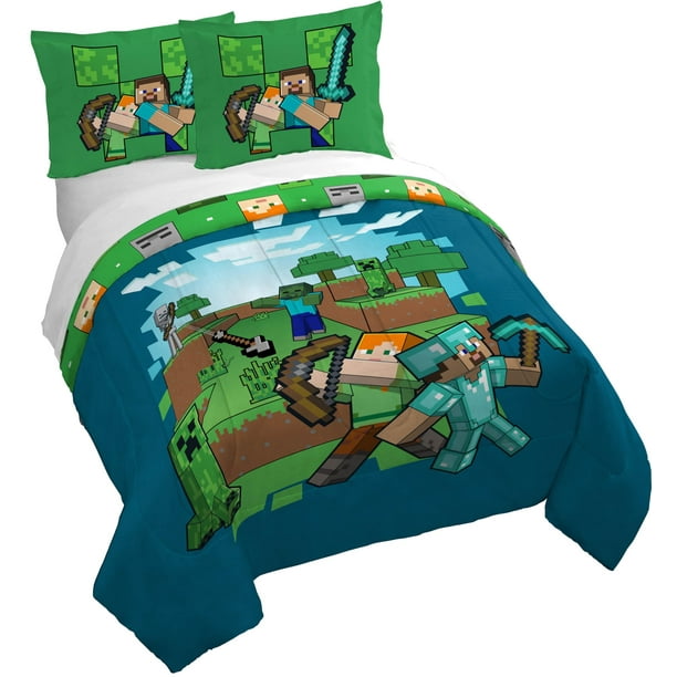 Juego de funda nórdica Jay Franco Minecraft de 3 piezas, tamaño queen size, azul