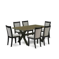 East West Furniture X676MZ606-7 7 Pc Dinette Set - Distressed Jacobean Wood Dining Table with 6 Shitake Parson Chairs - Wire Brushed Black Finish