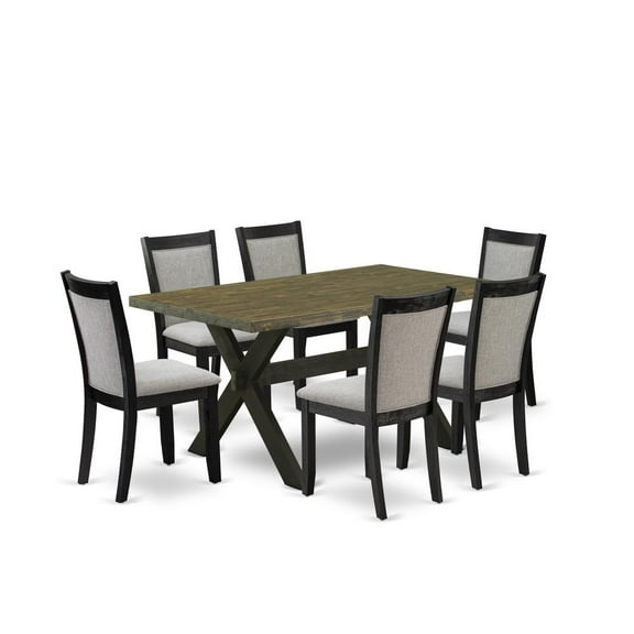East West Furniture X676MZ606-7 7 Pc Dinette Set - Distressed Jacobean Wood Dining Table with 6 Shitake Parson Chairs - Wire Brushed Black Finish