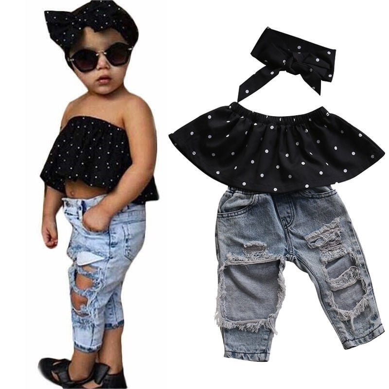 3PCS Toddler Kids Baby Girls Outfits Clothes Vest Tank Top+Denim Short Pants Set 