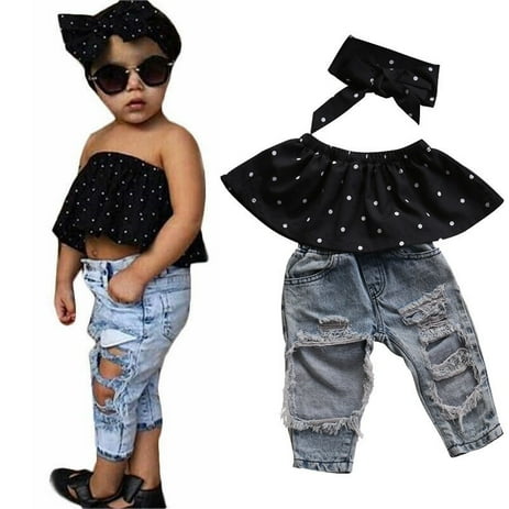 3pcs Newborn Baby Girls Dot Off Shoulder Tops + Ripped Hole Jeans Casual Pants Outfits Clothing Set
