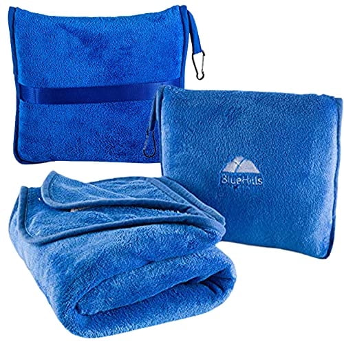 Manta viaje suave premium, estuche manta avión + almohada, cinturón equipaje, clip mochila, manta grande y compacta para viaje (azul T003)