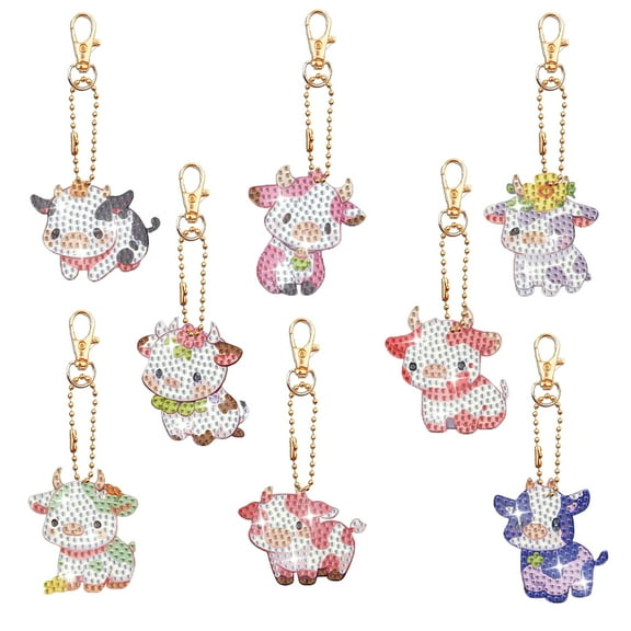 Gradient cows-8pcs Diamond Painting Art Keychains, 5D DIY Diamond Craft Full Diamond Double-Sided Keychain Keychain Bag, Wallet, Handbag Decoration Valentine's Day Christmas New Year Gift