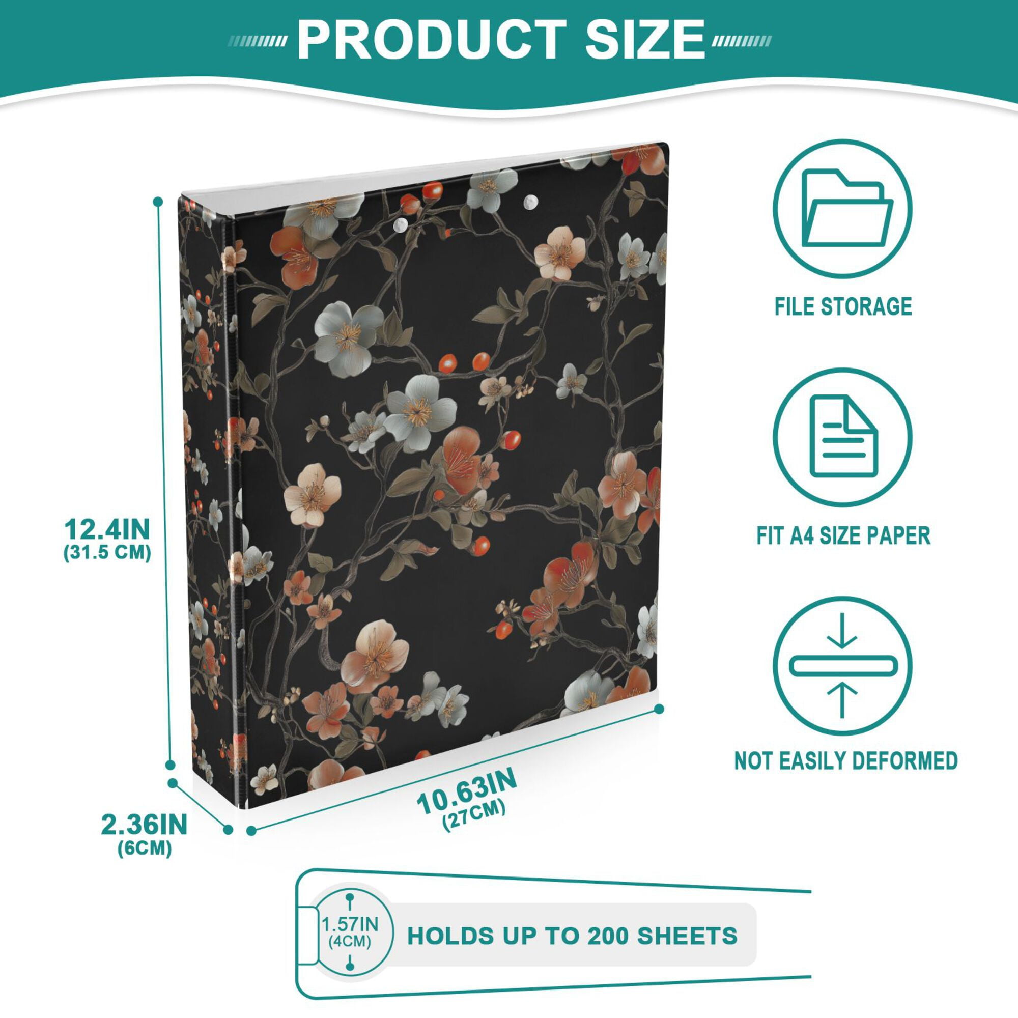 FORMRS 3 Ring Binder with Pockets 1.5" D-Rings Clip Board 200 Sheets Capacity, Black Flowers