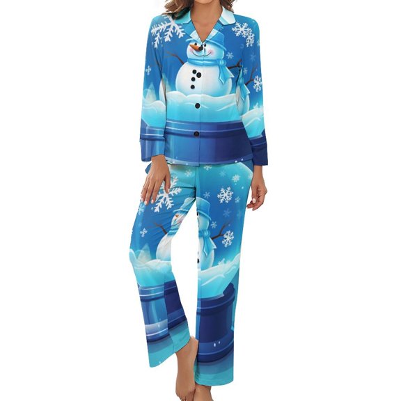 Ginger Snowman Crystal Ball Women's Long Sleeve Flannel Pajama Set Sleepwear S