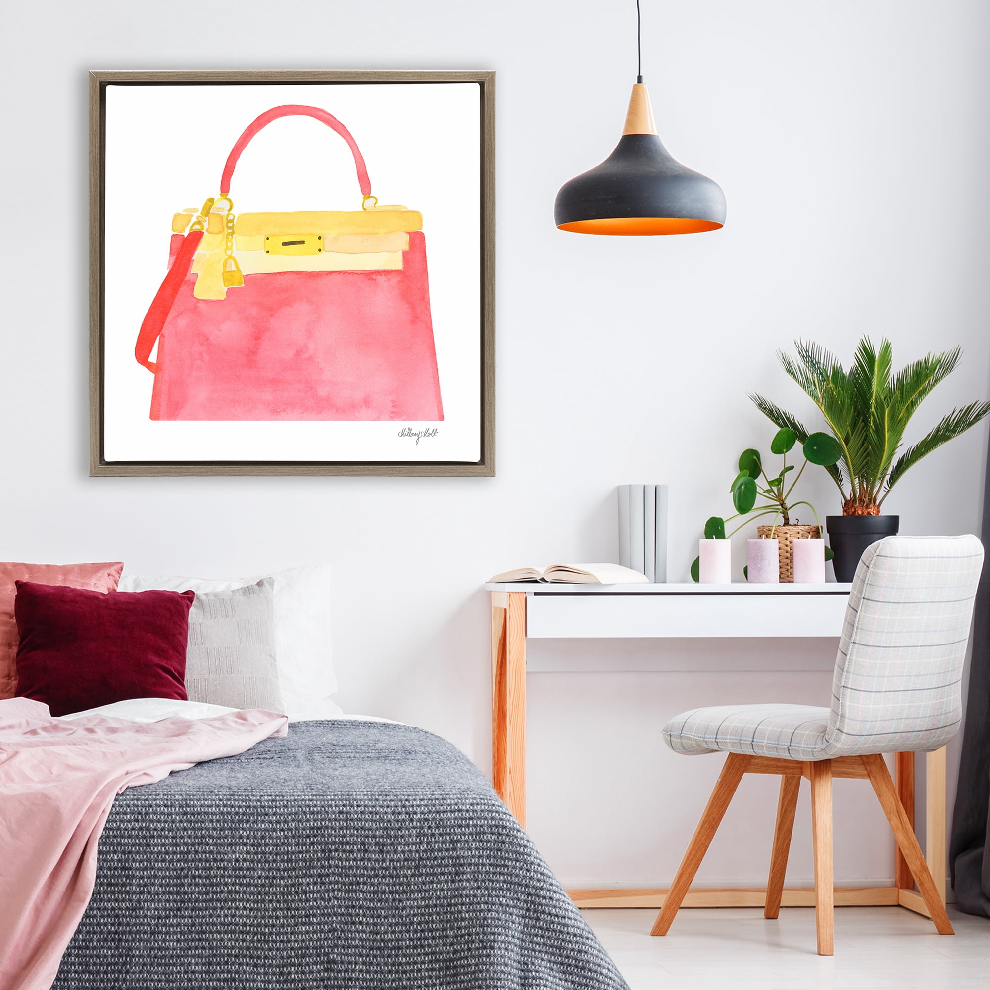 Stupell Industries Elegant Coral Handbag Brown Framed Floater Canvas Wall Art, design by Hillary Holt