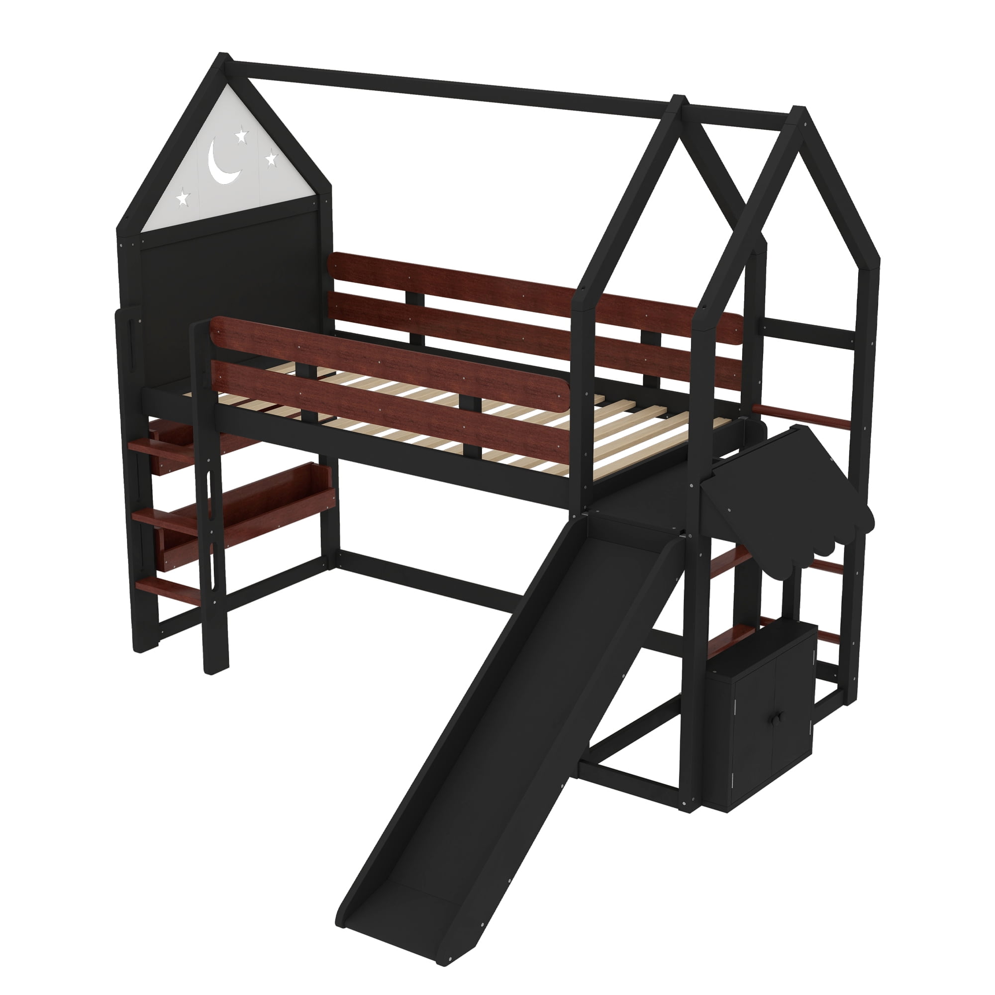 Yoneston Twin House Shaped Loft Bed with Slide & Bookshelf, Starry Moon Platform House Bed with Stairs, Roof & Guardrails for Kids Teens Bedroom, Beige