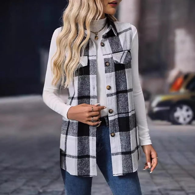 Leodye Veste Sans Manches Décontractée Confortable à Carreaux pour Femmes avec Poches à Revers Cardigan Gris 8(L)