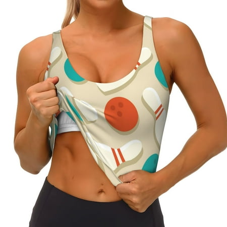 Qokaie Vintage Bowling Pattern Womens Scoop Neck Sports Bra Breathable Workout Vest Padded U Back Medium Impact Fitness Gym Yoga Bra Workout Crop Top
