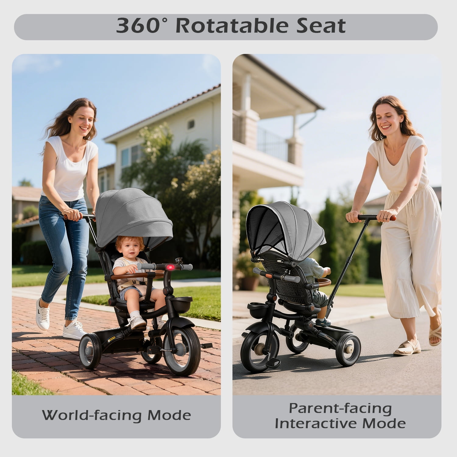 JoyStone 7 in 1 Foldable Tricycle Stroller for Toddler, Baby Tricycle with Adjustable Canopy, Parent Handle, Removable Pedals, Seat Belt and Storage Basket, Kids Bike for Ages 1-6 Boys & Girls, Grey