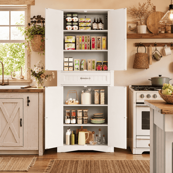 Aiho 71" Kitchen Pantry with 4 Doors, Wooden Food Storage Cabinet with 4 Adjustable Shelves & Large Drawer, Freestanding Tall Cabinet for Dining Room Living Room - White